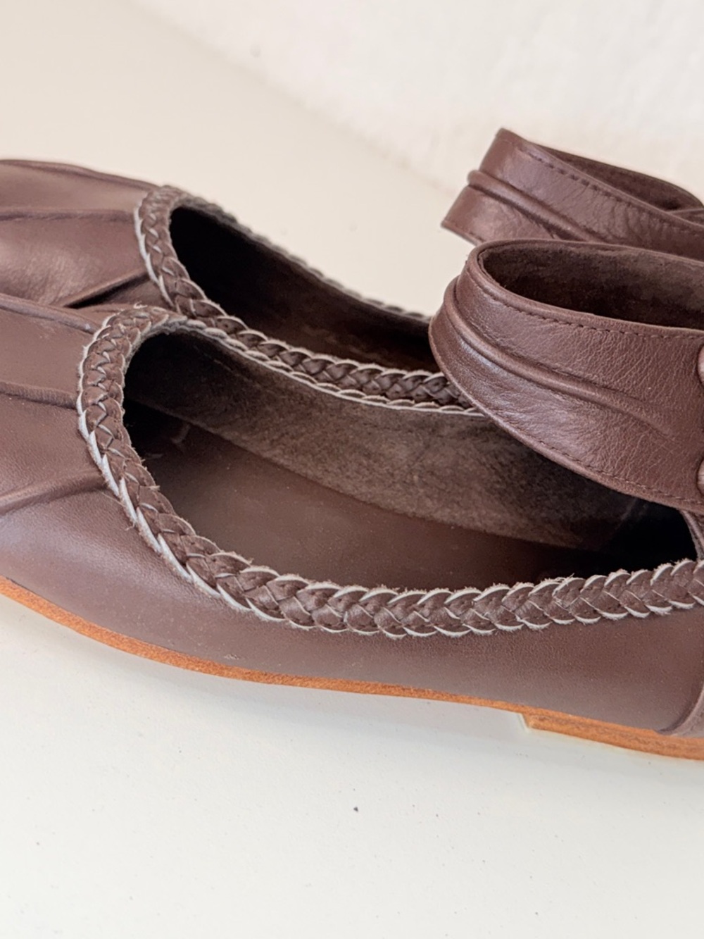 Women's Brown Ankle-Strap Leather Ballet Flats - Picture 4 of 15